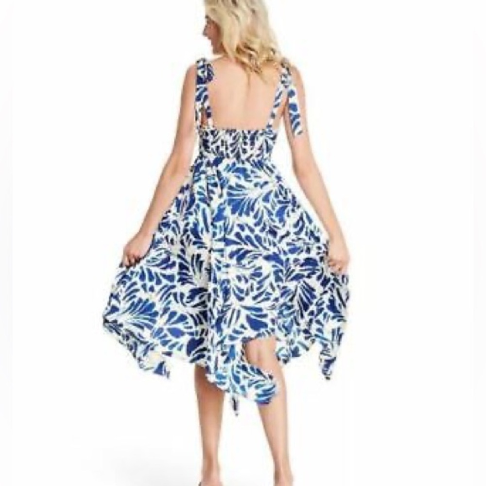 NWT ALEXIS for Target Botanical Tie Strap Asymmetrical Hem Dress Med, Blue/White - Picture 2 of 16
